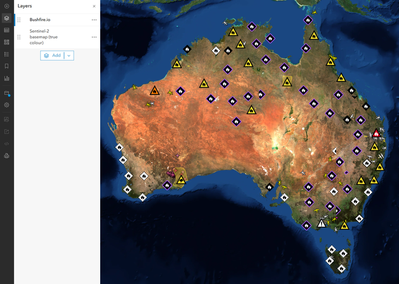 ArcGIS Online showing the Sentinel-2 true colour basemap of Australia with Bushfire.io fire warnings and incidents