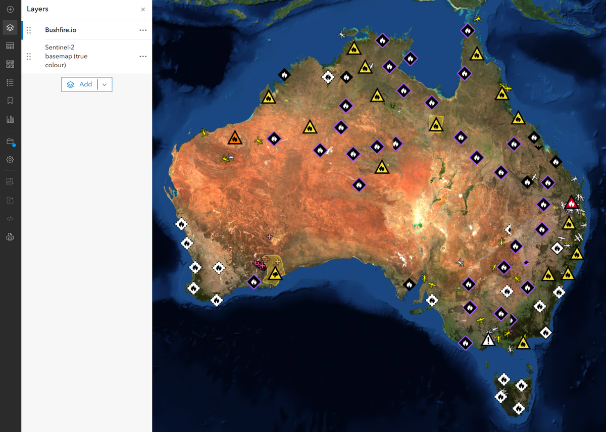 ArcGIS Online showing the S2 true colour basemap of Australia with Bushfire.io warnings and incidents
