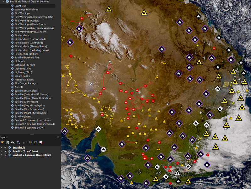 QGIS showing the Bushfire.io layer list and fire warnings, incidents and road closures over south-eastern Australia