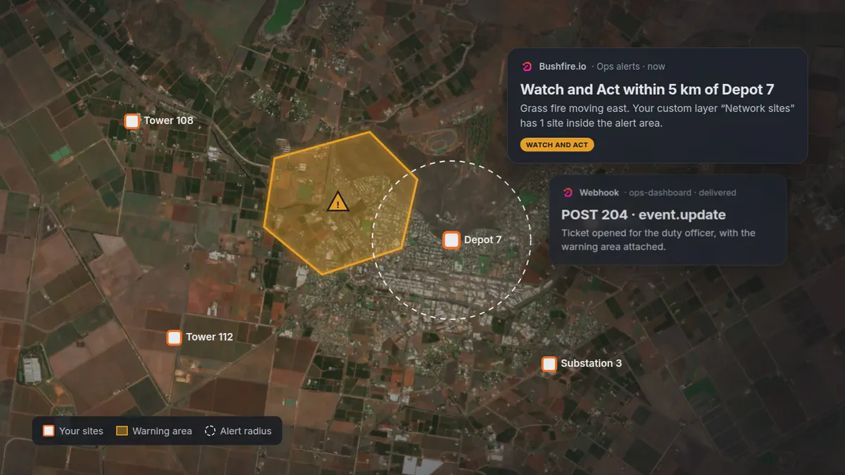 Map of a warning area near Depot 7, with a push alert and a webhook delivery for sites in a custom layer