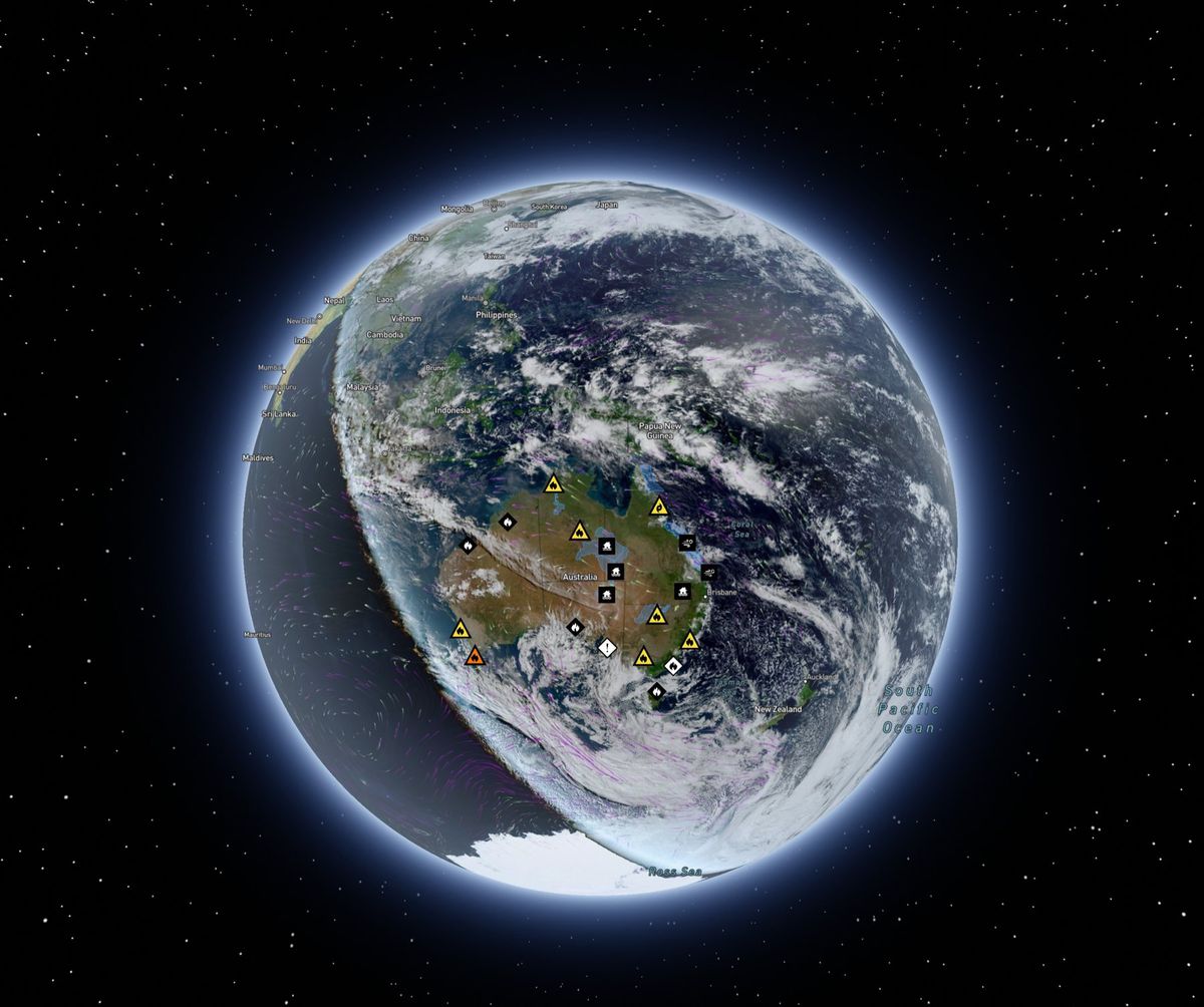 3D globe centred on Australia, with warning icons across the continent and cloud over the surrounding oceans