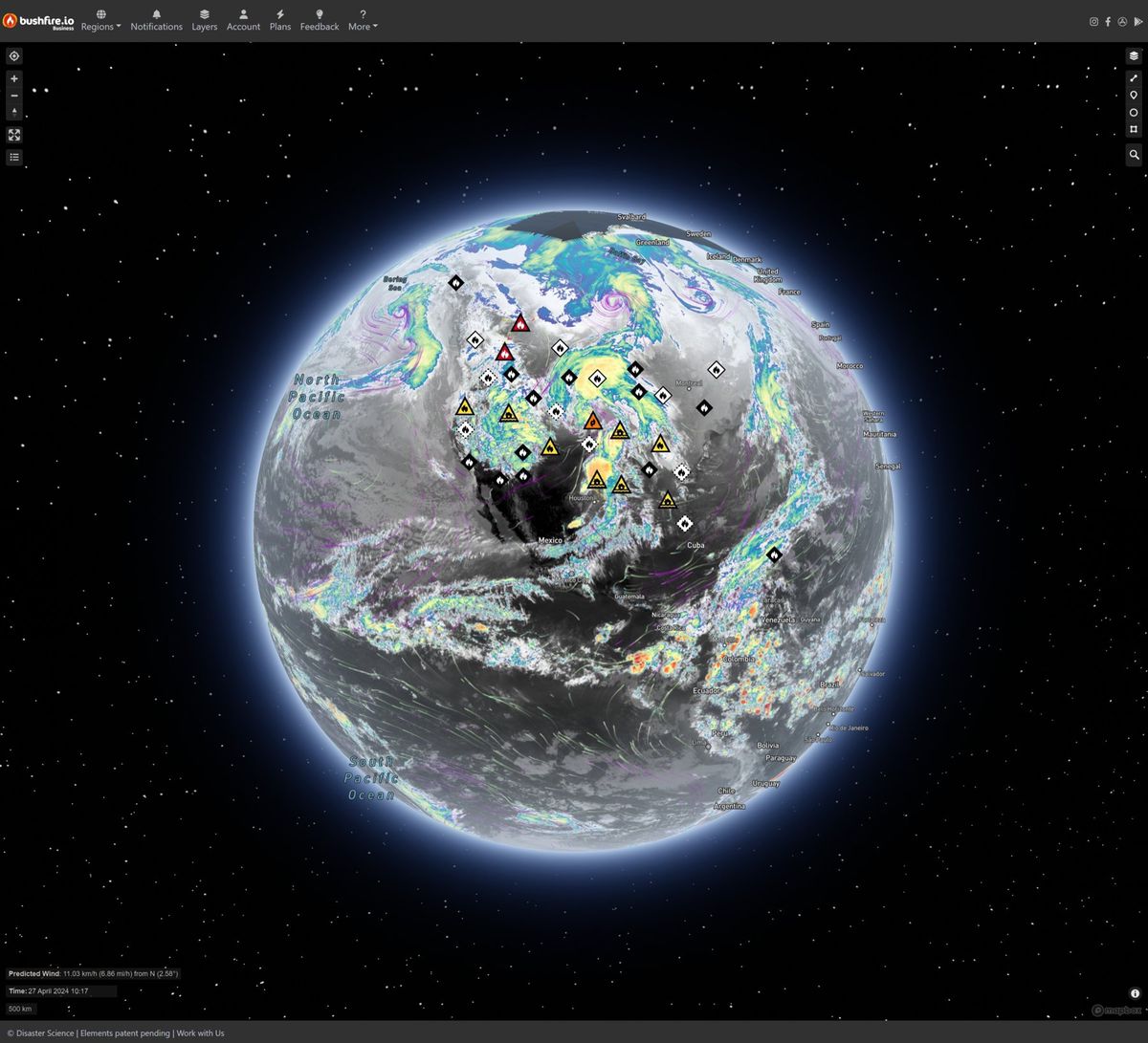 Bushfire.io on a 3D globe over North America with satellite imagery