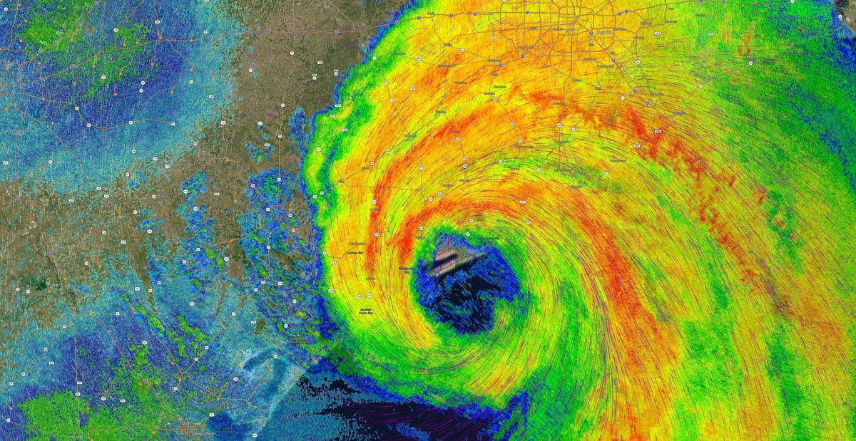 Wind forecast for Hurricane Beryl at the Texas coast on Bushfire.io, coloured by wind speed