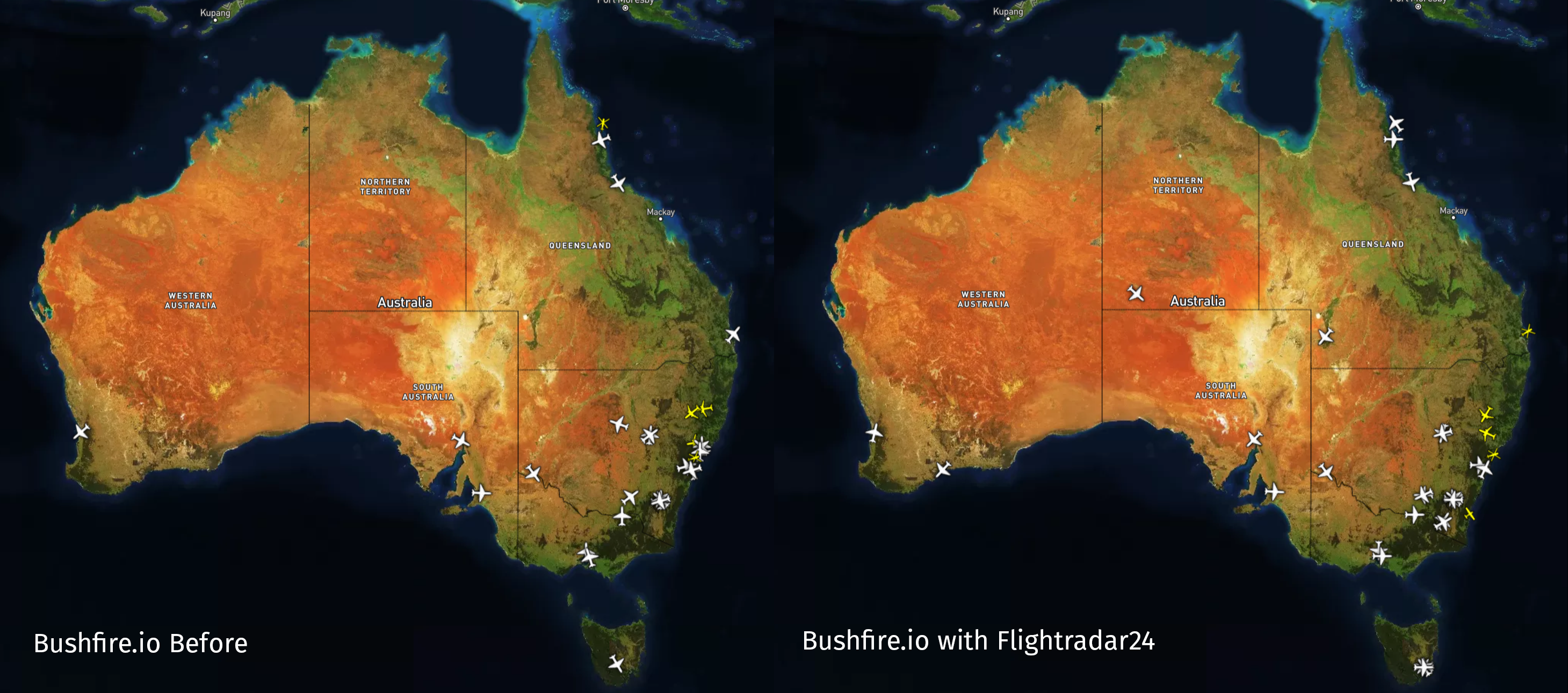 Bushfire.io Coverage before, and now with Flightradar24 coverage