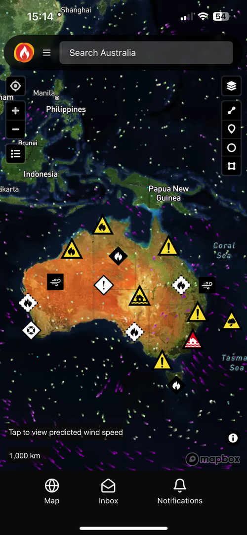 Bushfire.io on a phone showing warnings across Australia