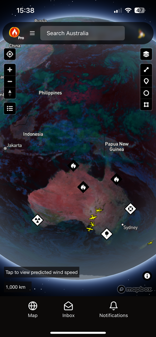Fire temperature satellite layer over Australia in Bushfire.io Pro