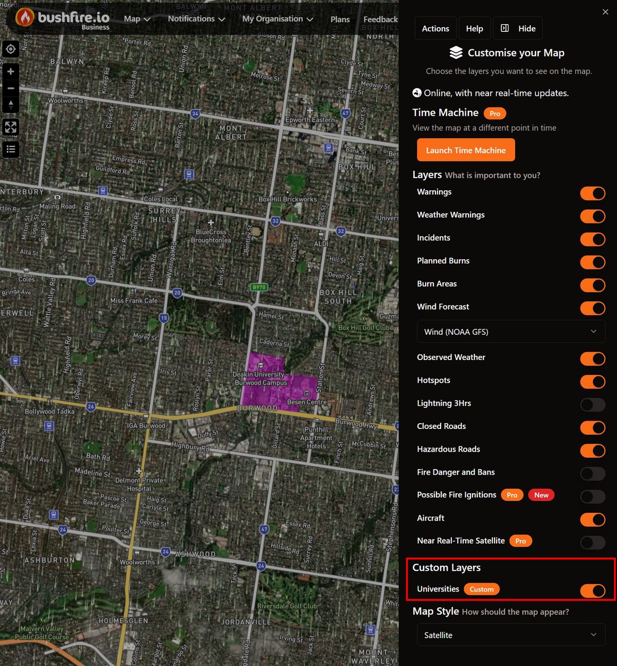Bushfire.io layer panel with a custom layer of sites switched on alongside live warning and incident layers