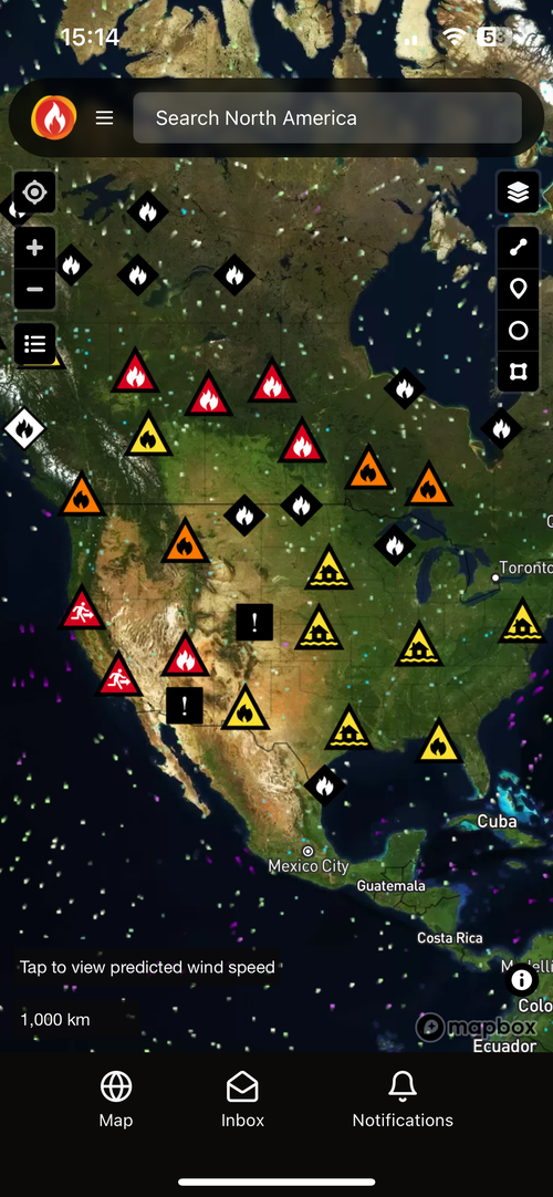 Bushfire.io on a phone showing warnings across North America